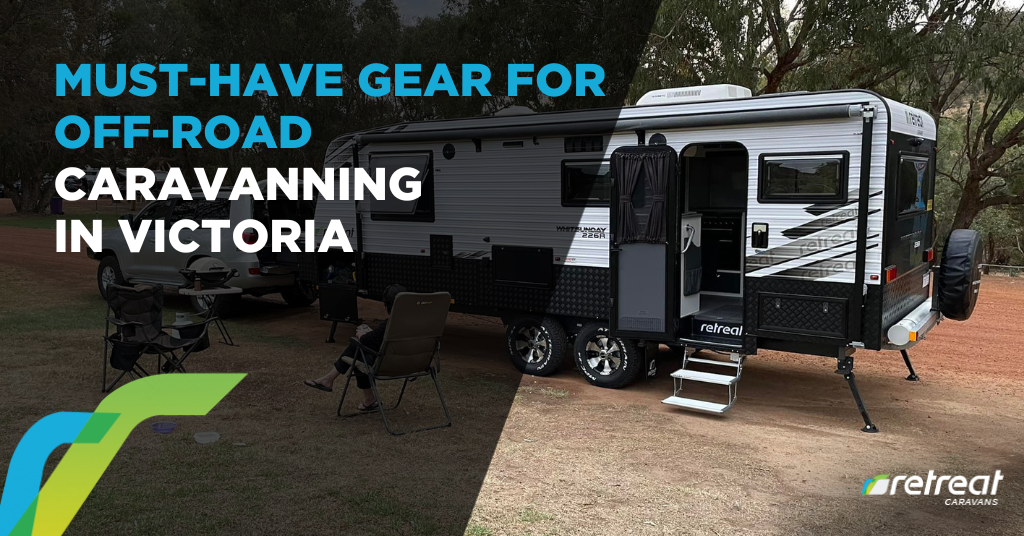 Family setting up campsite with off-road caravan accessories