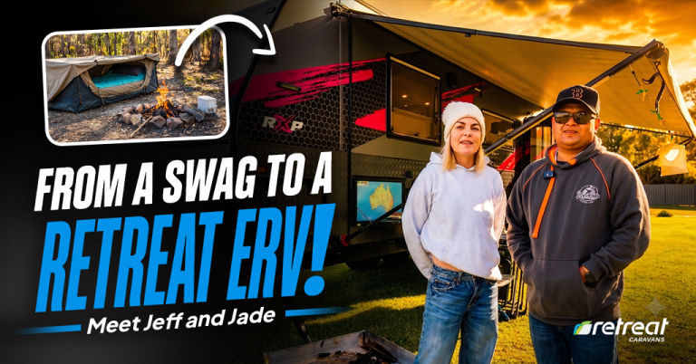 Jeff and Jade beside their custom Retreat Tundra 216 ERV during an off-grid Australian adventure