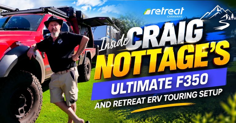 Craig Nottage's Ford F350 towing his Retreat ERV caravan, built for long-distance off-grid touring across Australia.